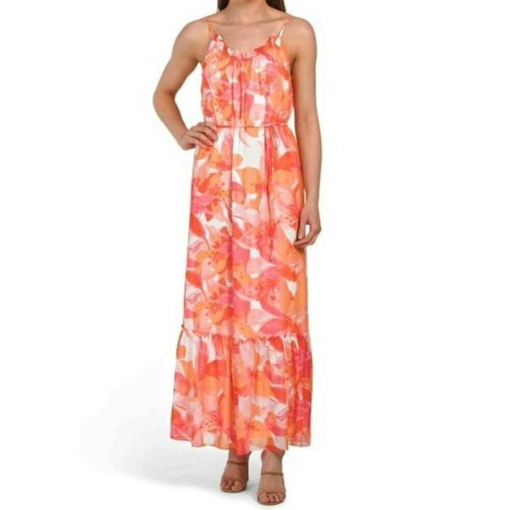 NWT Nicole Miller Women's Floral Print Chiffon Tiered Maxi Dress